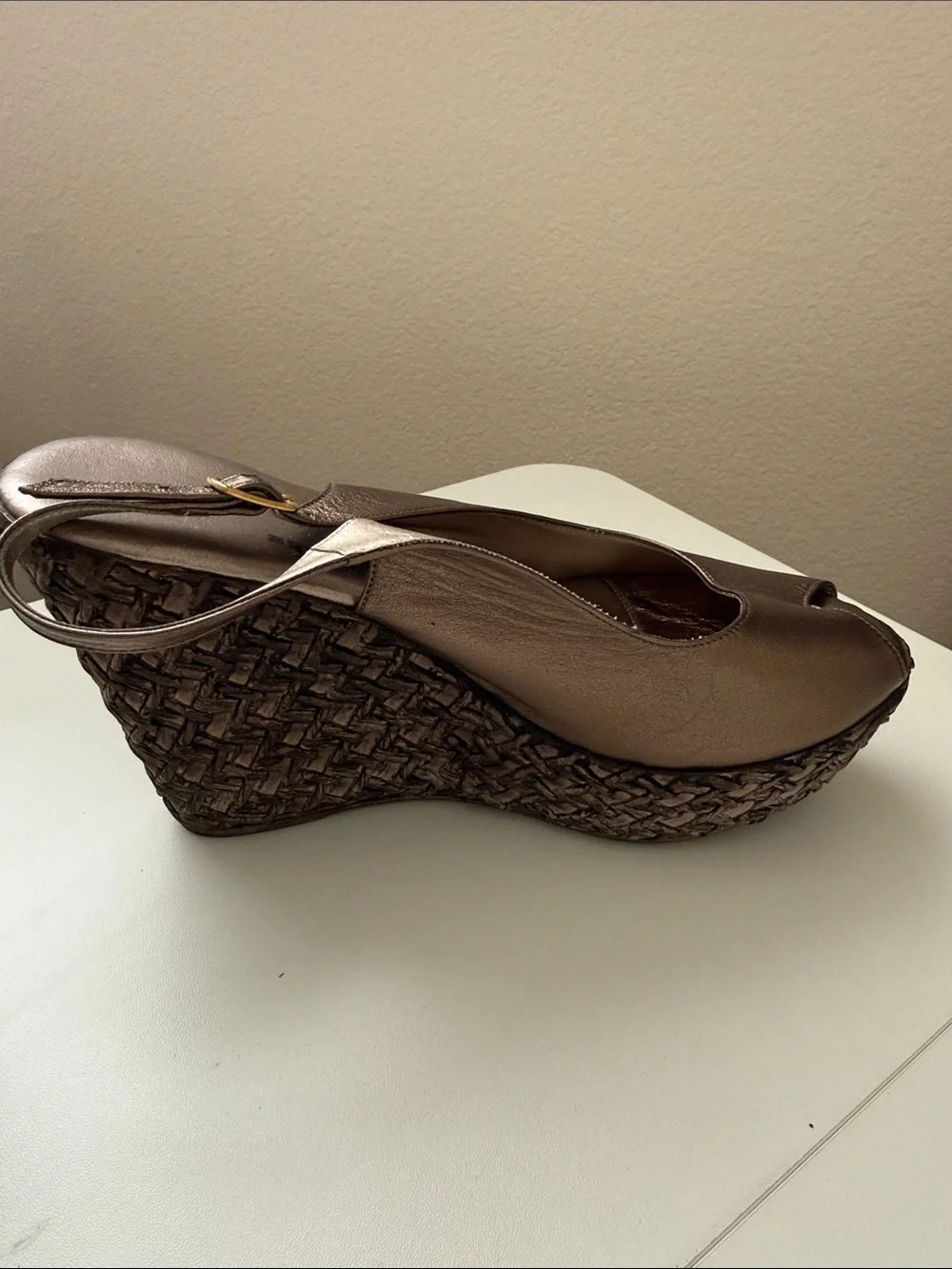 Peep-Toe Slingback Wedges in Metallic Bronze